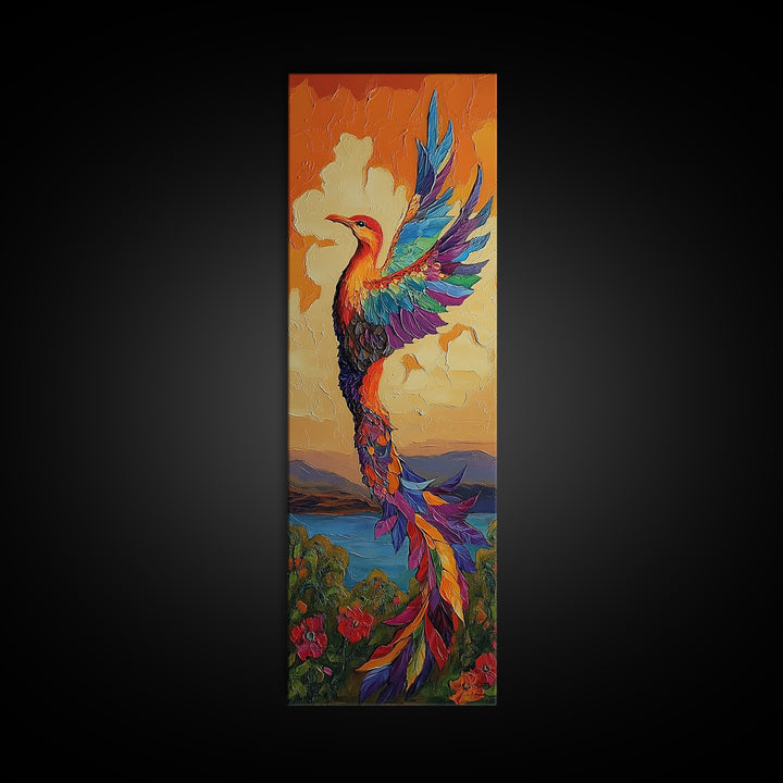 Phoenix Firebird, Sunset, Framed Canvas Print, Vibrant Mythical Wall Art, Boho Spirit Animal Decor, Bold Bedroom Statement Piece