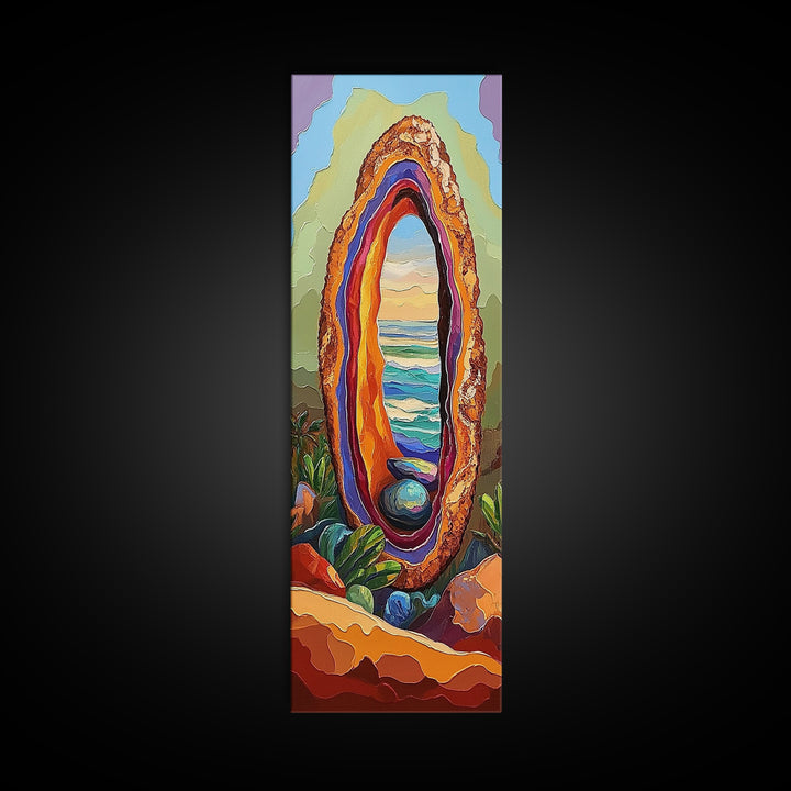 Ocean Portal, Geode Shell, Dreamy, Surreal Beach Art, Framed Canvas Print, Boho Bedroom Decor, Psychedelic Coastal Wall Art