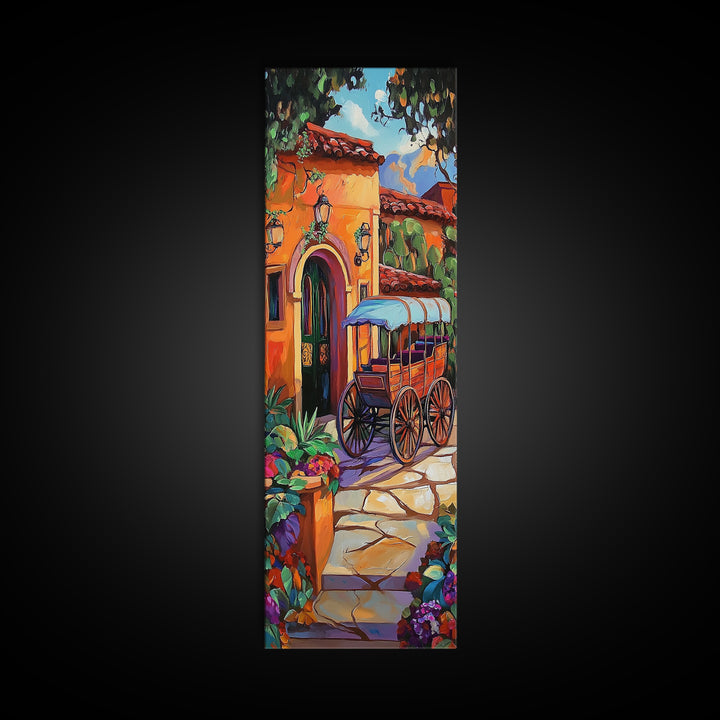 Cart Villa, Garden, Framed Canvas Print, Vibrant Mexican courtyard with wooden cart painting, hacienda decor, hallway rustic wall art