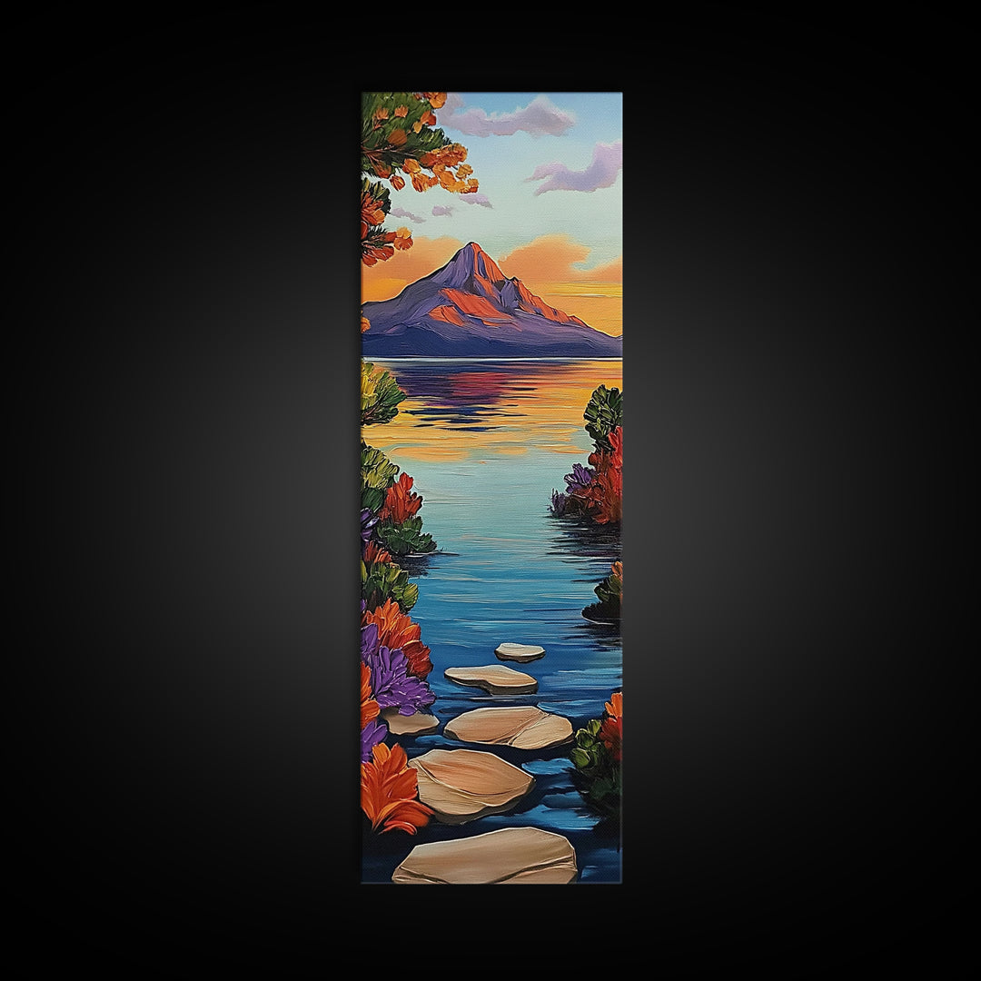 Pathway Lake, Mountains, Framed Canvas Print, Tranquil mountain lake trail painting with floral path, cabin wall art, rustic living room decor