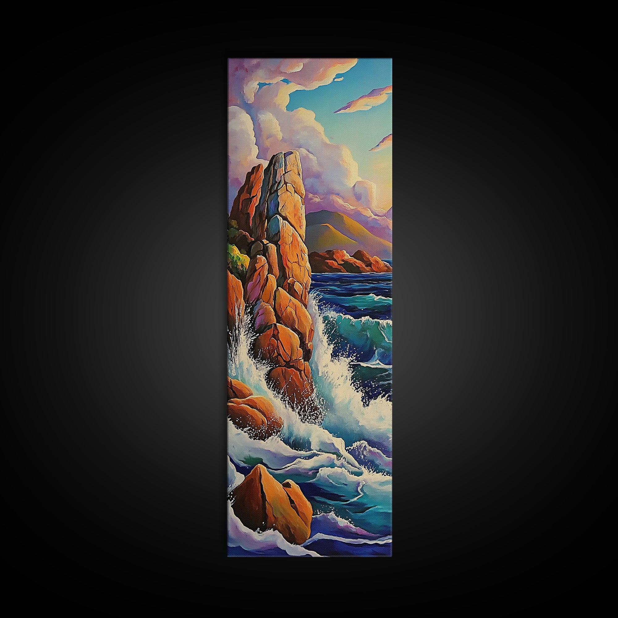 Ocean Rocks, Cliffs, Framed Canvas Print, Dramatic rocky shoreline painting with crashing waves, coastal landscape art, living room decor