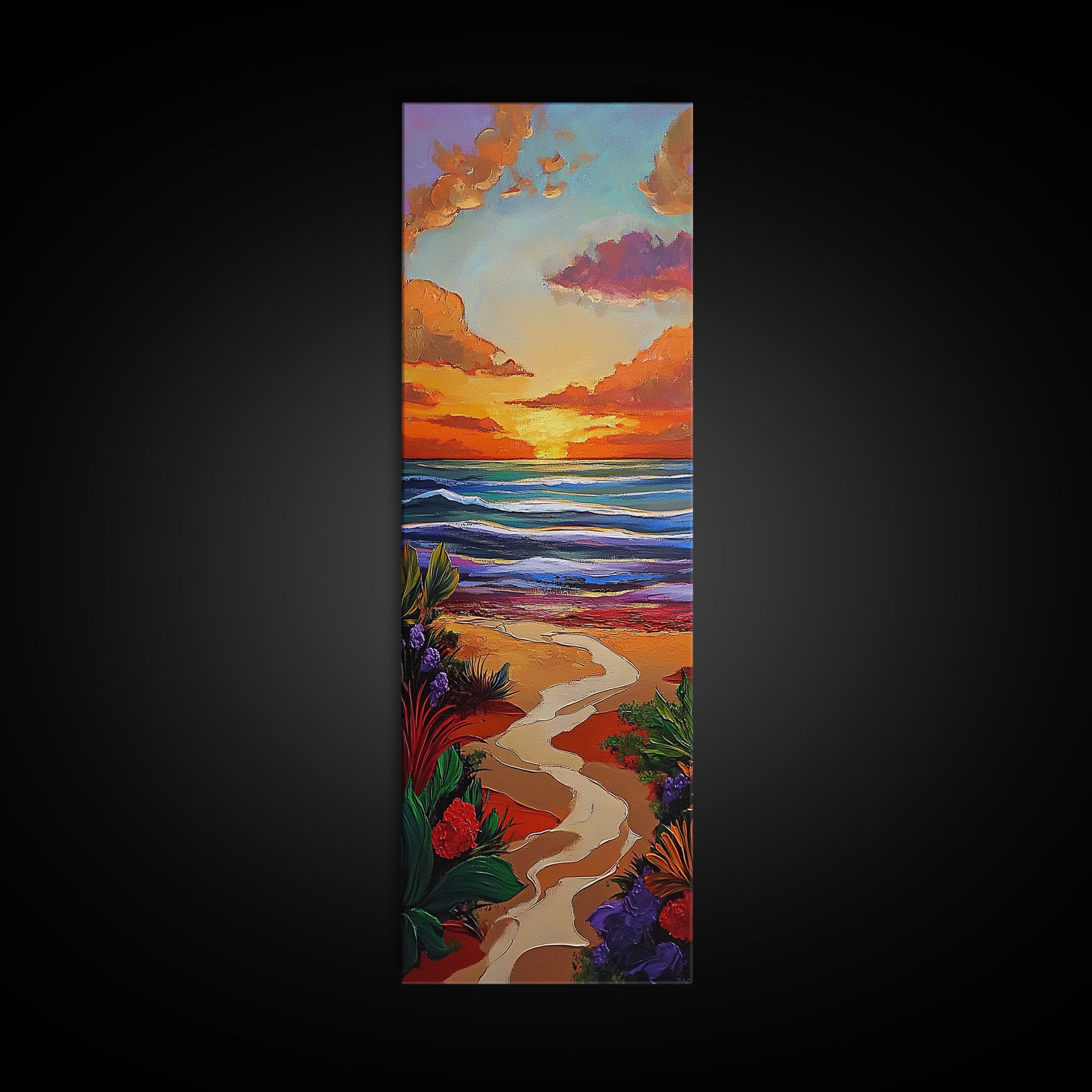 Path Beach, Sunset, Tropical Canvas Print scenic path to ocean wall decor, vibrant beach sunset artwork, tropical boho art, entryway art