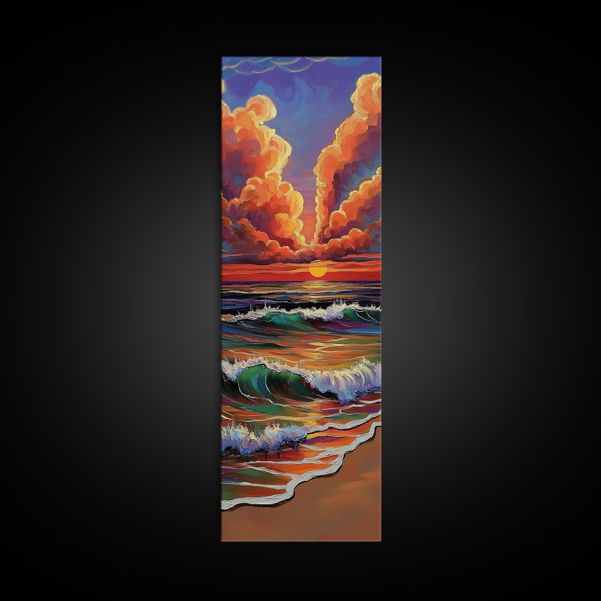 Ocean Sunset, Glow, Waves Framed Canvas Print glowing beach sunset wall art, vivid wave painting, warm coastal decor, boho beach house art