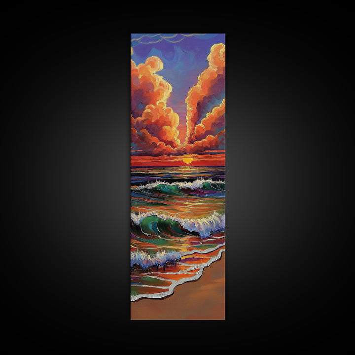 Ocean Sunset, Glow, Waves Framed Canvas Print glowing beach sunset wall art, vivid wave painting, warm coastal decor, boho beach house art