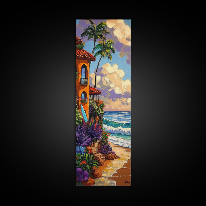 Coastal Villa, Surf, Tropics Canvas Print Mediterranean villa by the sea art, surfboard and tropical plants, boho beach decor, hallway print