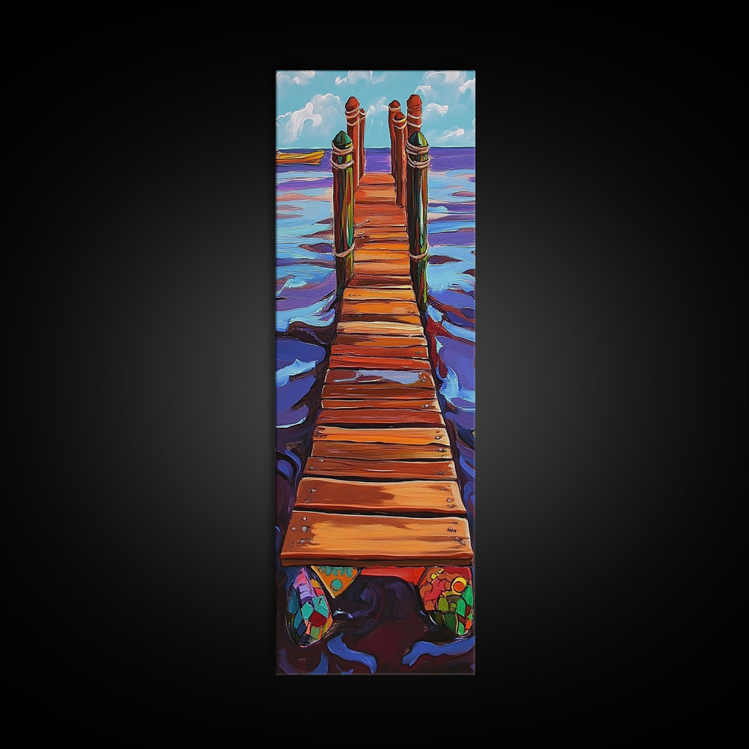 Dock Ocean, Pier, Framed Canvas Print, Seaside Wall Art, Nautical Coastal Decor, Whimsical Ocean Painting, Beach House Style