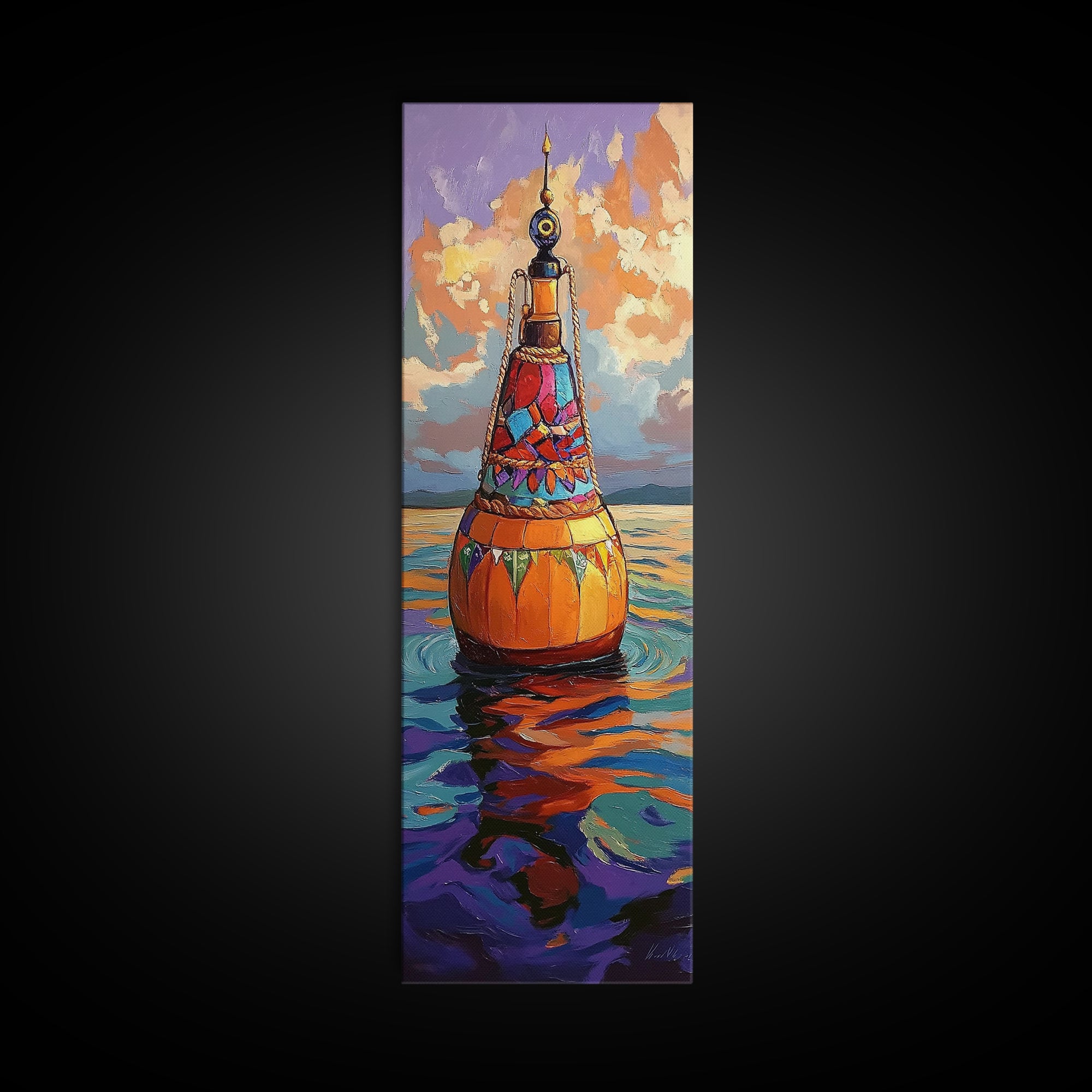 Vibrant Buoy, Sunset Waterscape – Nautical Wall Decor, Coastal Art, Ocean Room Accent, Framed Canvas Print, Colorful Boho Sea Art