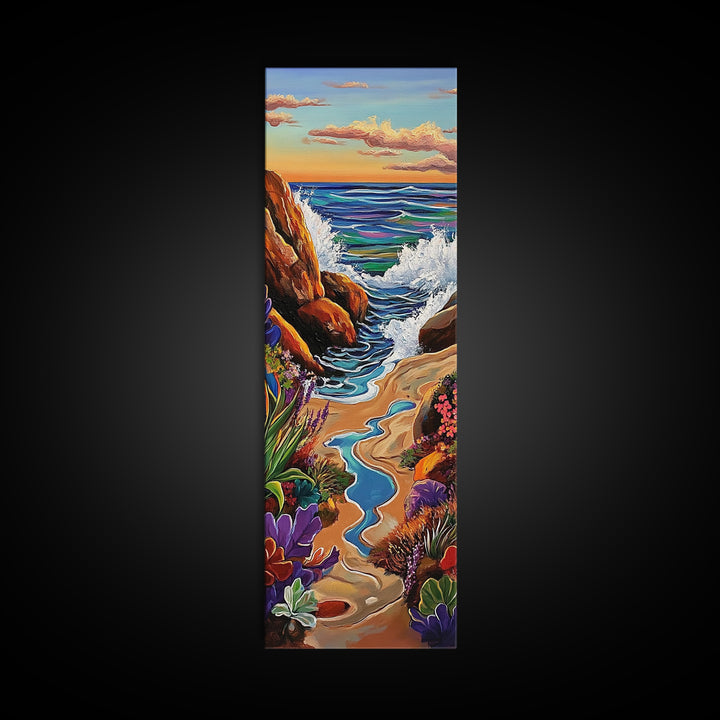 Beach Path, Rocks, Canvas Print, Coastal Wall Art, Nature Inspired Hallway Decor, Vibrant Ocean Scene, Boho Beach Aesthetic