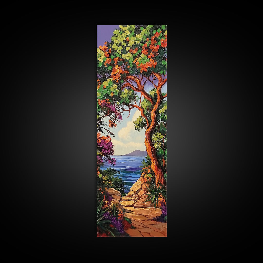 Coastal Trail,Trees,Escape — Framed Canvas Print, tropical coastal decor, beachside nature wall art, entryway or hallway boho painting