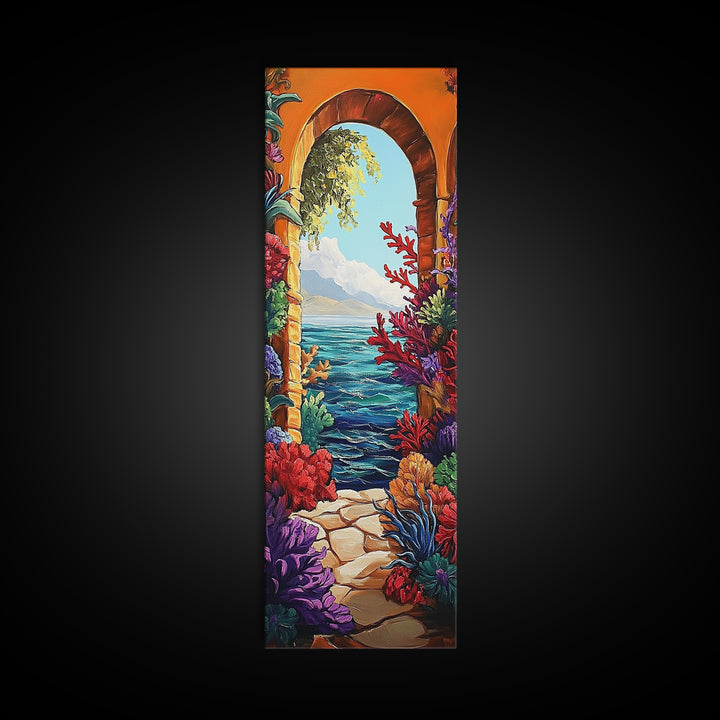 Ocean View, Archway Art, Tropical Seascape, Framed Canvas Print, Coastal Home Decor, Mediterranean Entryway Art, Bright Nautical Art