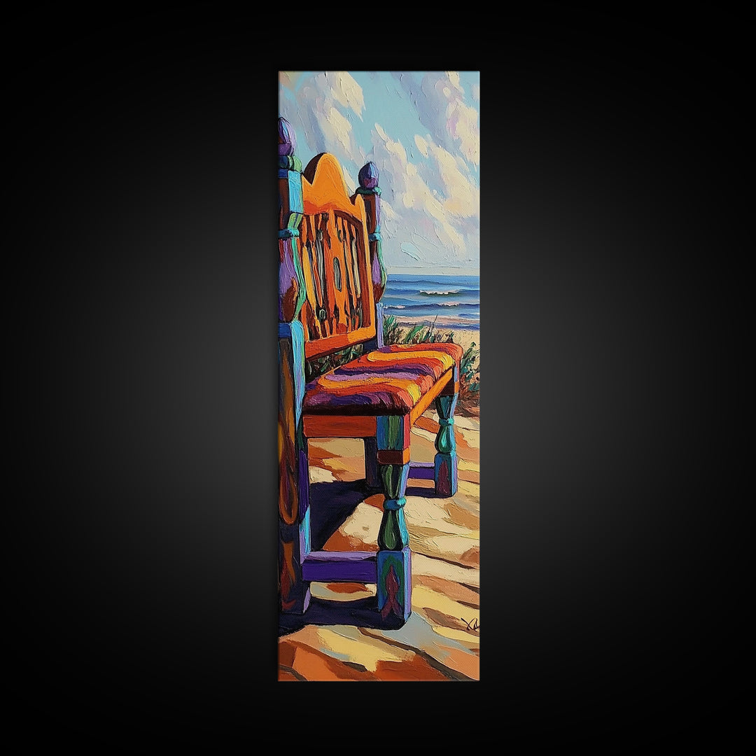 Ocean Chair, Beach View, Coastal Outdoor Scene, Framed Canvas Print, Seaside Patio Art, Tropical Boho Decor, Relaxing Vacation Vibes