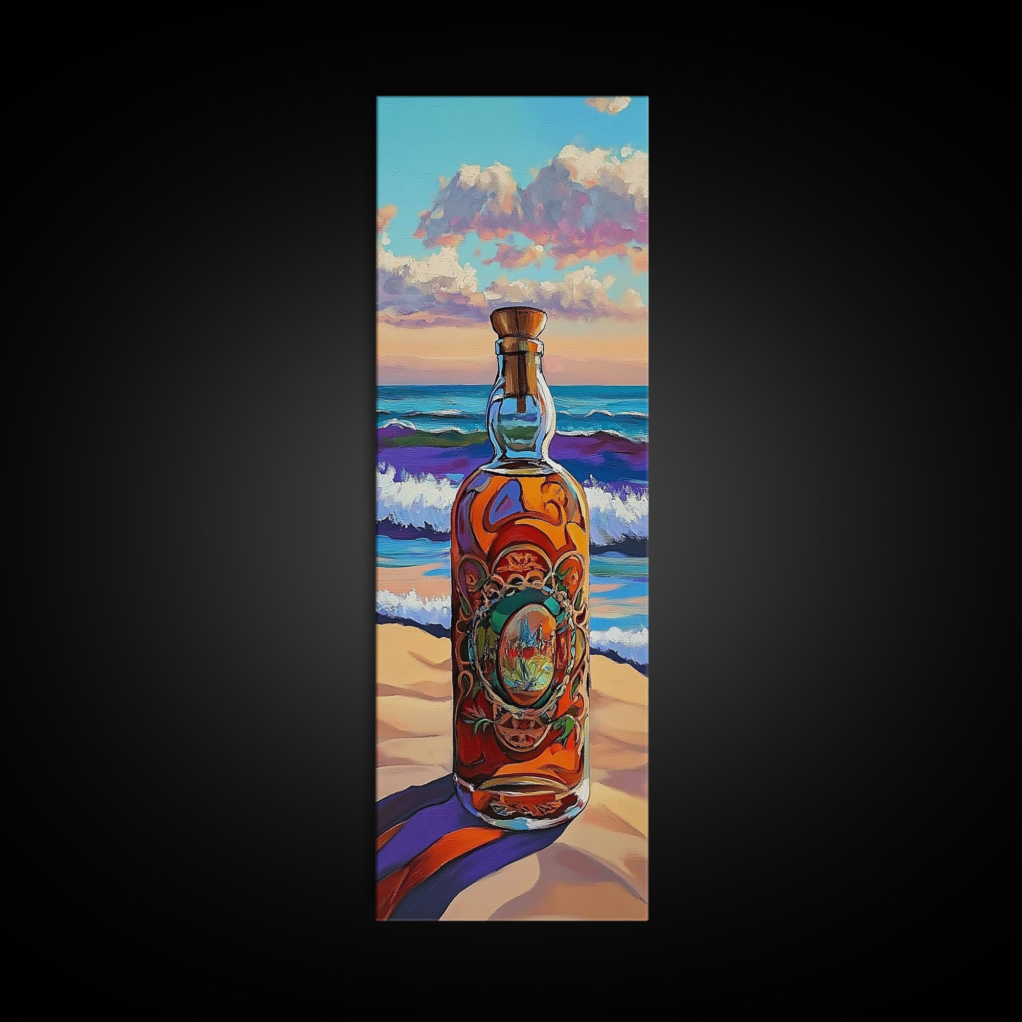 Ocean Bottle, Seaside, Reflections, Framed Canvas Print, Coastal Kitchen Decor, Nautical Wall Art, Beach House Art, Surreal Coastal Painting