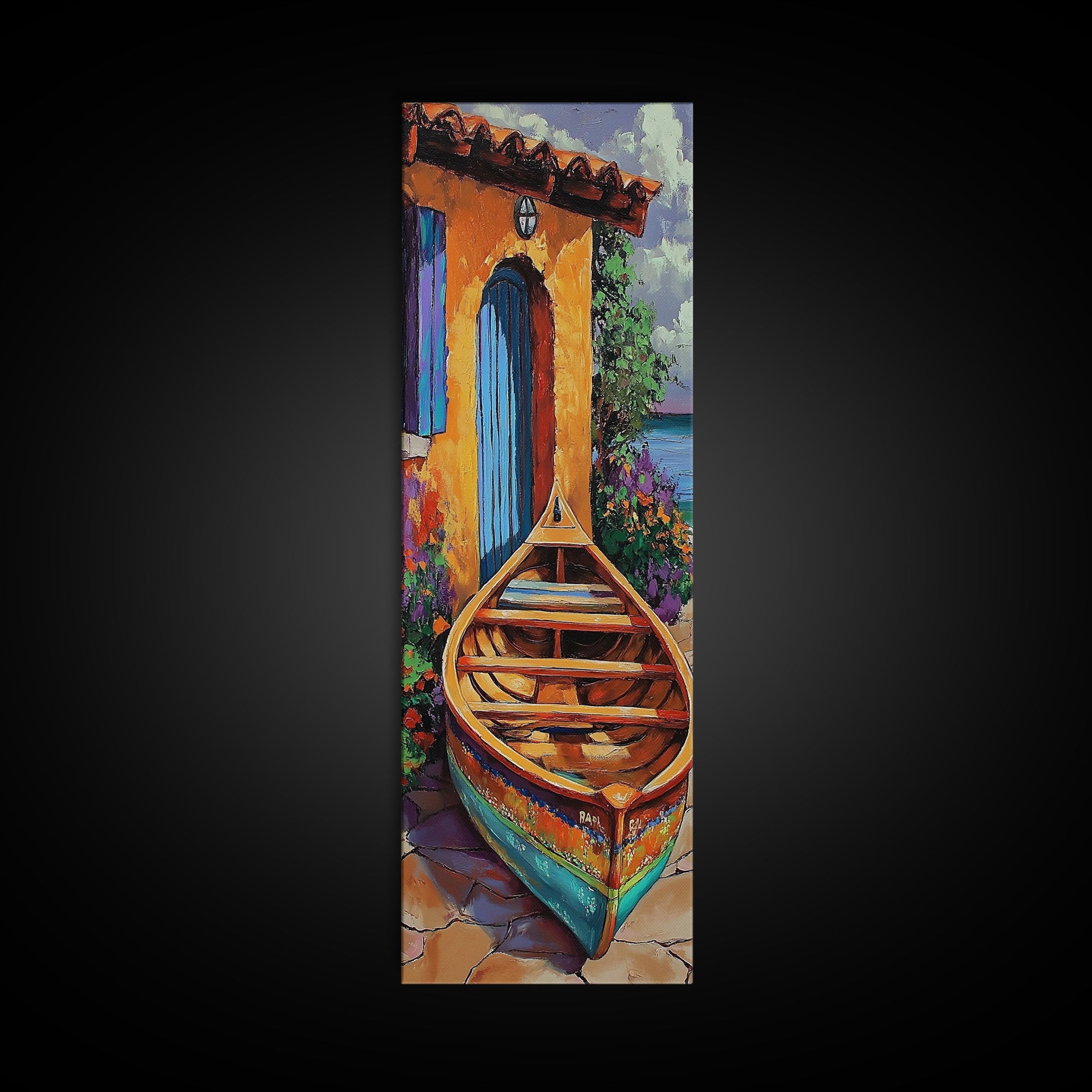 Docked Boat Flowers Villa, Framed Canvas Print, Mediterranean coastal home decor, bright rustic art, hallway wall art, summer lakehouse print