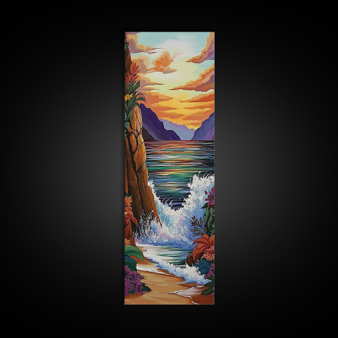 Coastal Sunset Waves Garden, Framed Canvas Print, Ocean beach sunset painting, floral wall decor, coastal fall home art, bohemian vibe