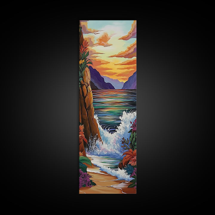 Coastal Sunset Waves Garden, Framed Canvas Print, Ocean beach sunset painting, floral wall decor, coastal fall home art, bohemian vibe