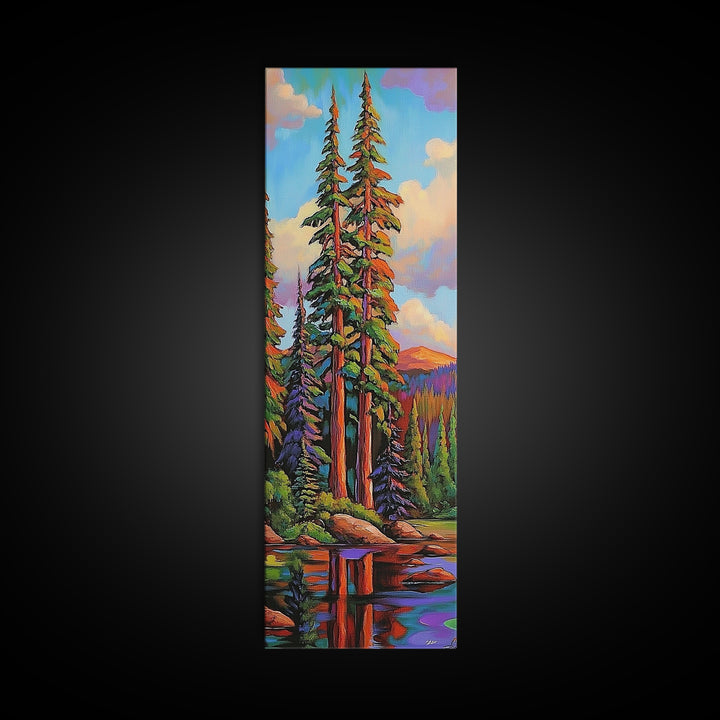Pines Forest, Reflections Tranquil, Canvas Print, Serene forest lake painting, pine tree wall art, cabin living room decor, landscape piece