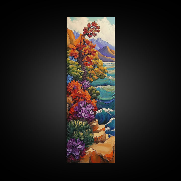 Autumn Cliff, Blossoms Ocean, Framed Canvas Print, fall coastal landscape art, mountainside floral decor, nature living room wall print