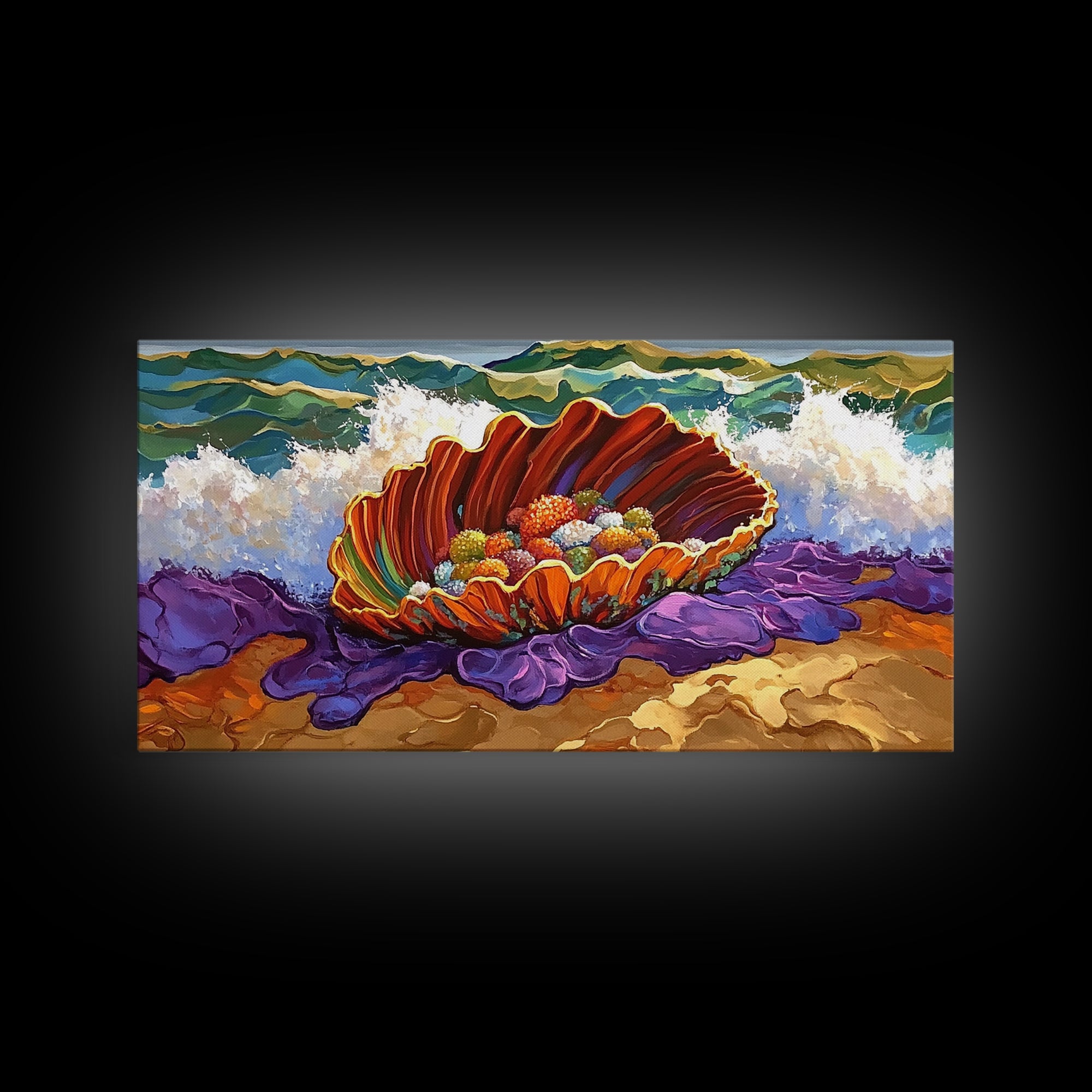 Shell Ocean, Jewel, Framed Canvas Print, Whimsical Ocean Shell Painting, Colorful Sea Treasure Wall Art, Nursery Decor