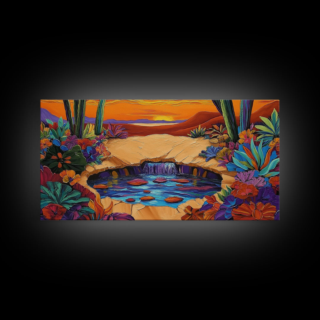 Sunset Cactus, Oasis, Vibrant Desert Canvas Print, Boho Living Room Wall Art, Colorful Sunset Painting, Southwest Style Artwork
