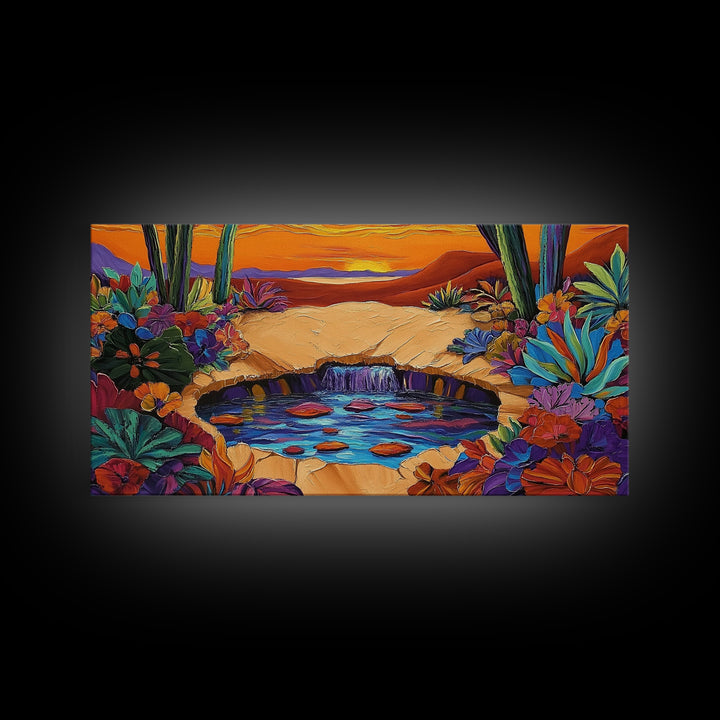 Sunset Cactus, Oasis, Vibrant Desert Canvas Print, Boho Living Room Wall Art, Colorful Sunset Painting, Southwest Style Artwork