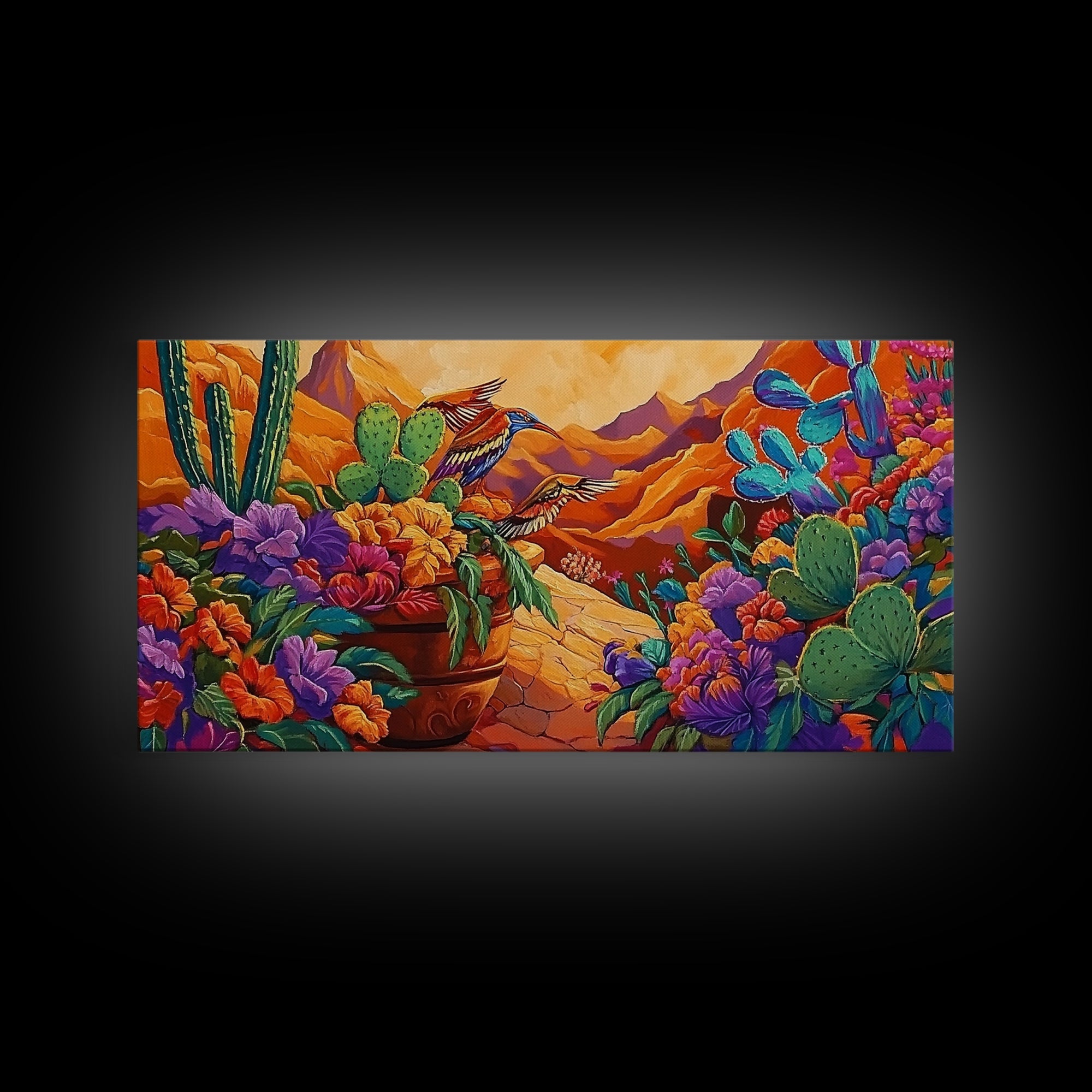 Birds Cactus, Blossoms, Bright Nature Framed Canvas Print, Desert Floral Wall Decor, Southwest Living Room Boho Wall Art