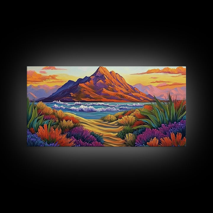 Mountains Waves, Path, Sunset Landscape Canvas Print, Colorful Nature Wall Art, Southwest Bedroom Decor, Autumn Art Style