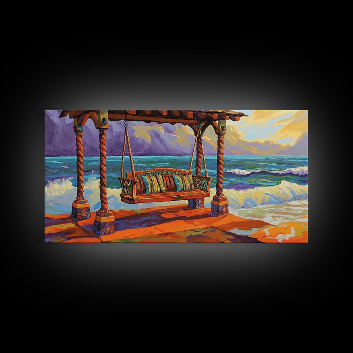 Swing Ocean, Sunset, Relaxing Coastal Art Canvas Print, Beach Swing Decor, Vibrant Seaside Living Room Wall Art, Boho Style