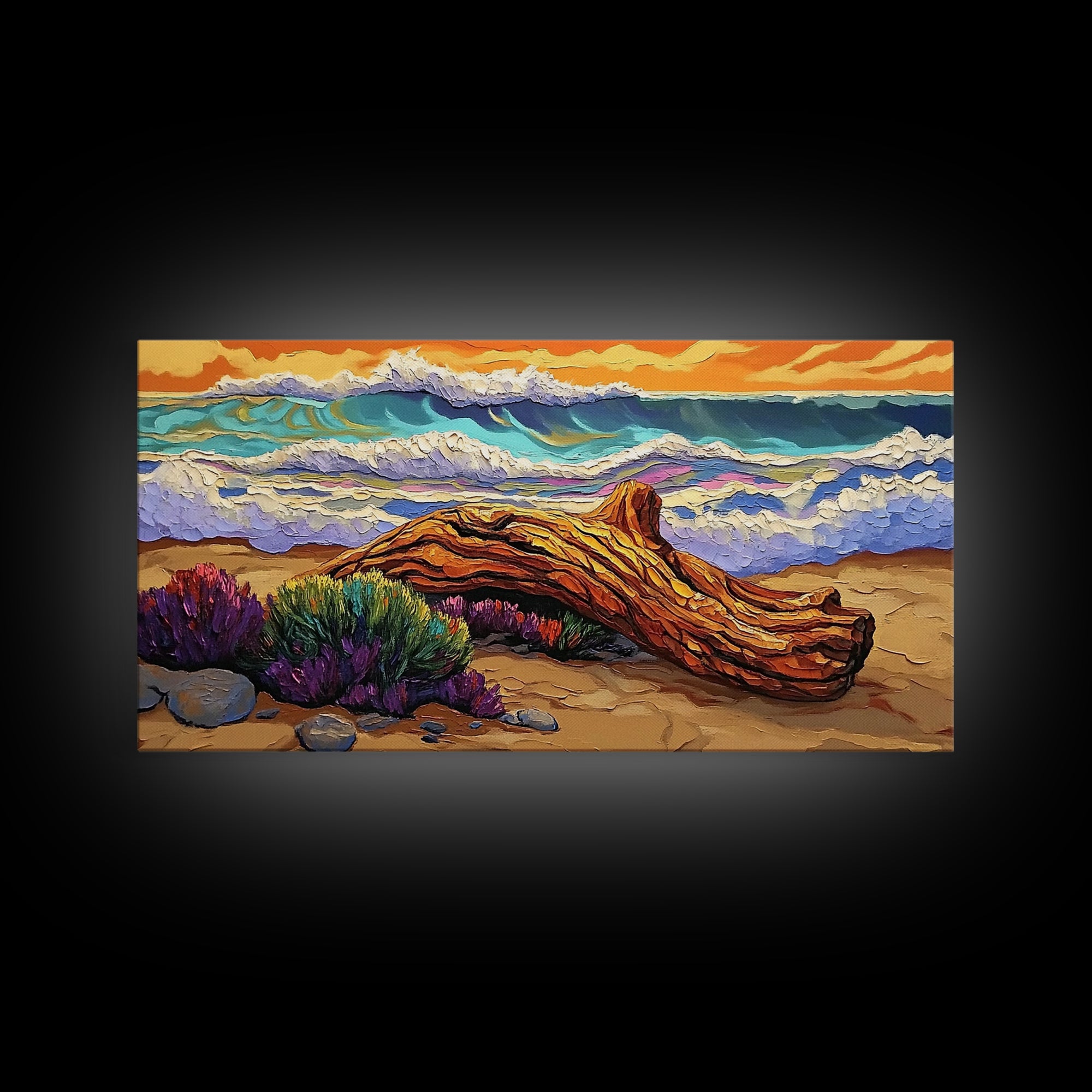 Coastal Driftwood, Waves, Sunset, Framed Canvas Print, ocean beach decor, colorful seascape, tropical wall art, living room wall art