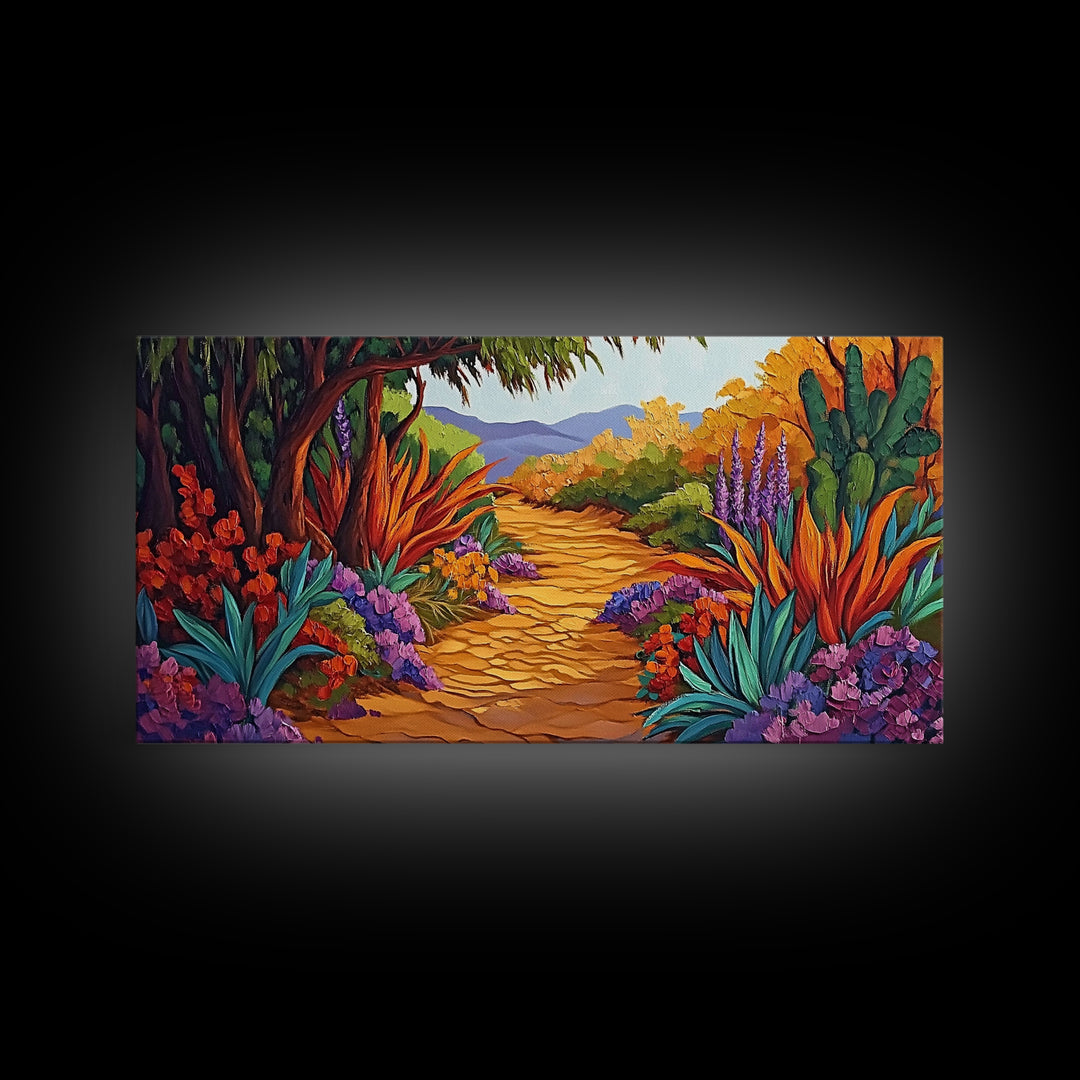 Autumn Pathway, Forest, Flowers, Framed Canvas Print fall landscape painting, nature wall art, rustic cabin decor, living room art