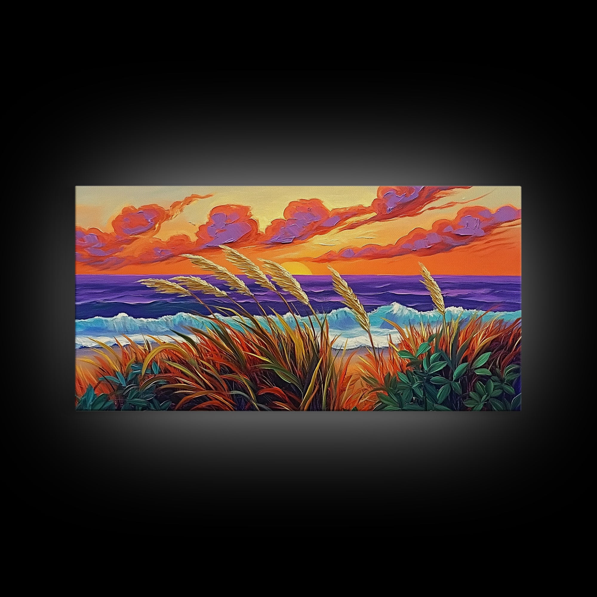 Ocean Sunset, Dunes, Seagrass, Canvas Print beach landscape wall decor, coastal art, vibrant sunset painting, tropical boho home decor