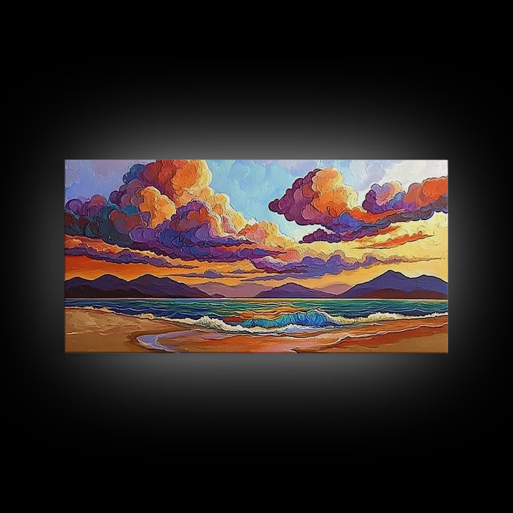 Colorful Sunset, Clouds, Mountains, Framed Canvas Print vibrant beach wall decor, sky and sea painting, boho art, coastal living room