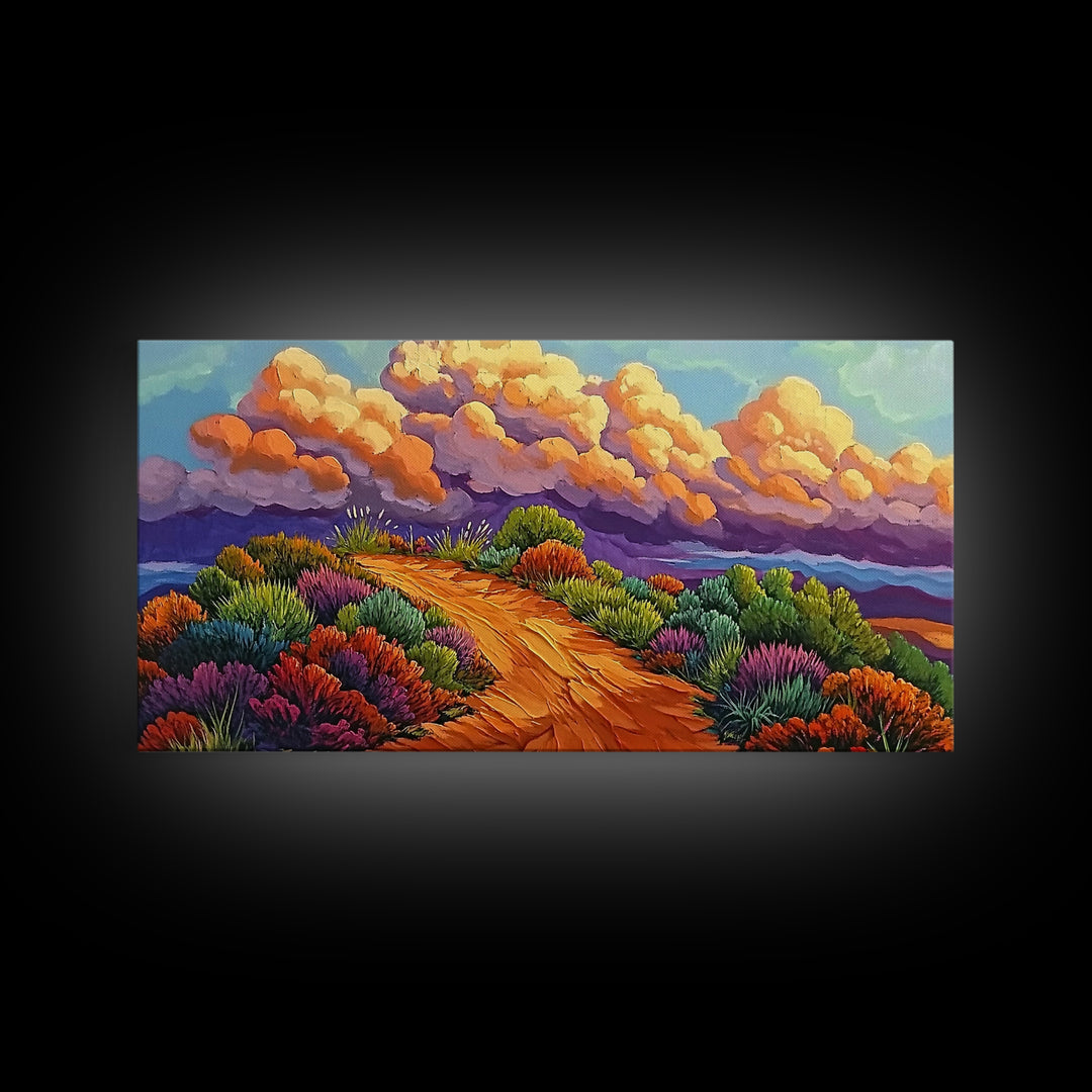 Autumn Trail, Clouds, Flowers, Canvas Print, fall mountain trail painting, landscape wall art, rustic cabin decor, hallway artwork