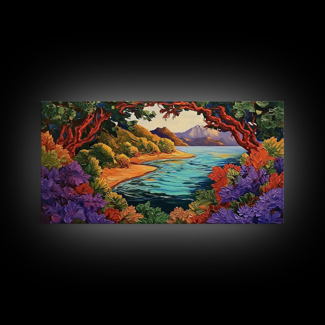 Colorful Coastal, Framed, Bright tropical coastal landscape view with water and foliage, Framed Canvas Print, living room wall art