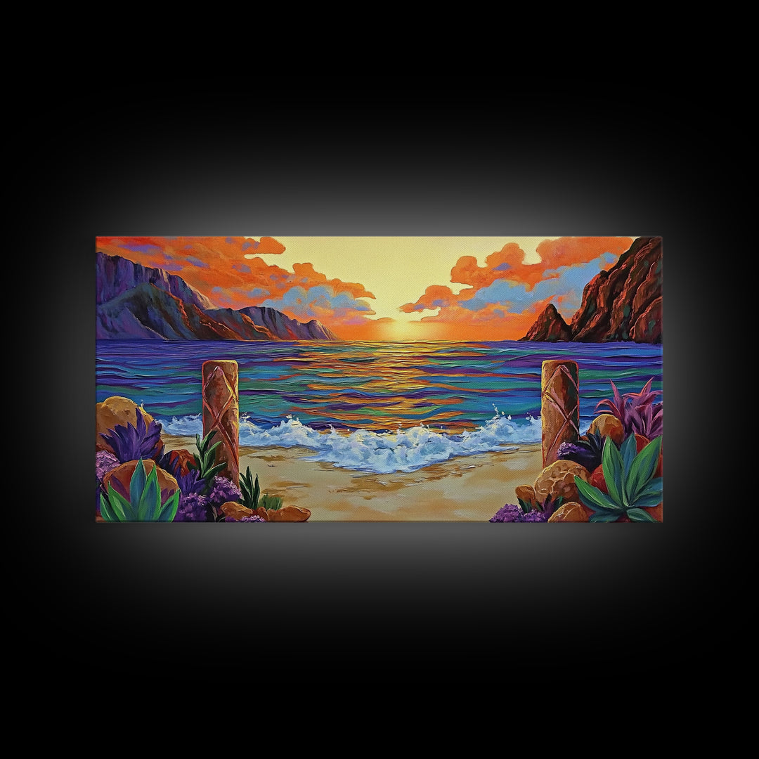Sunset Beach, Waves, Colorful sunset beach seascape with waves and mountain view, Canvas Print, tropical coastal wall decor