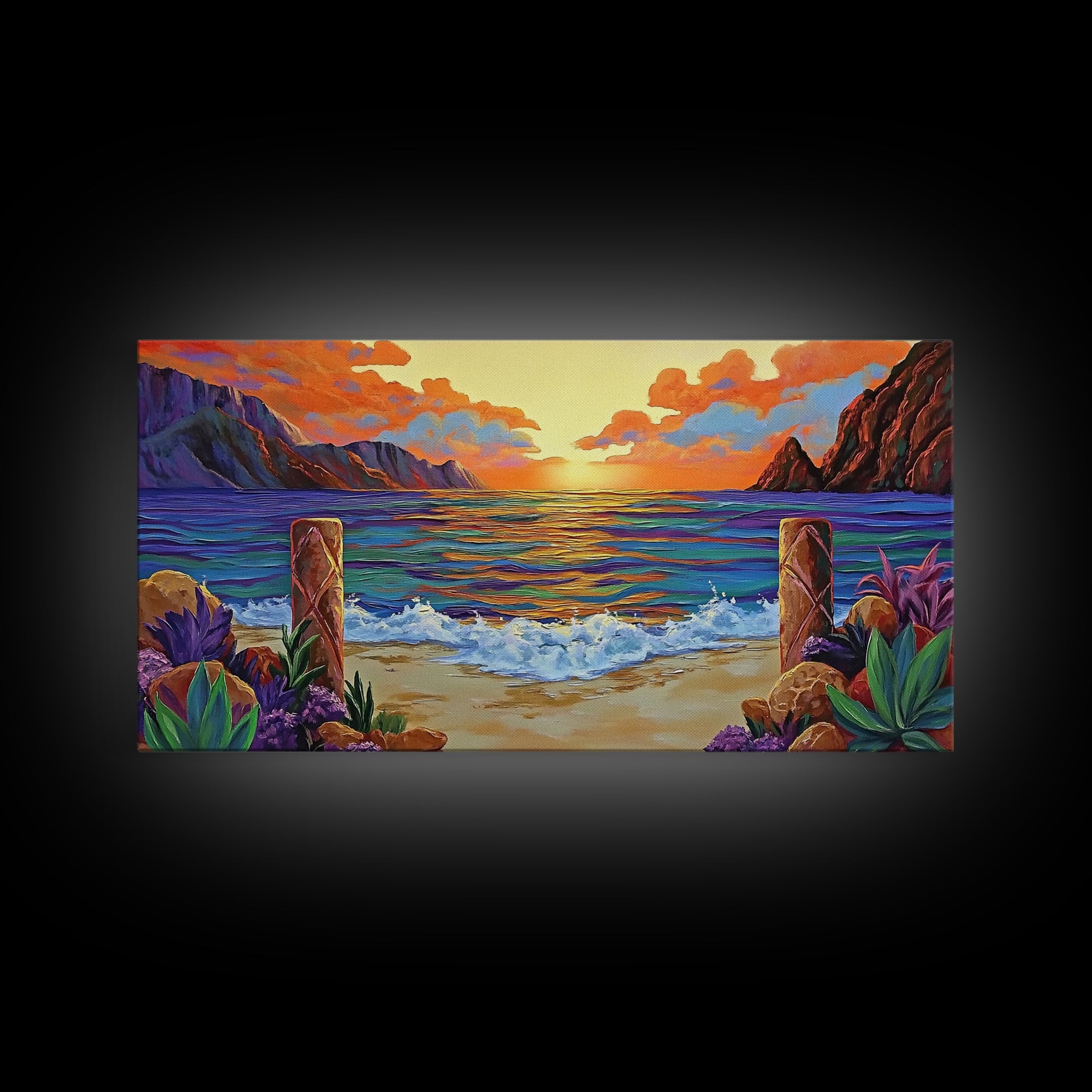 Sunset Beach, Waves, Colorful sunset beach seascape with waves and mountain view, Canvas Print, tropical coastal wall decor