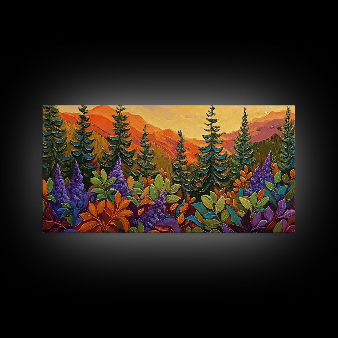 Fall Forest, Pines, Vibrant autumn forest painting with pine trees and colorful foliage, Canvas Print, Fall living room wall art
