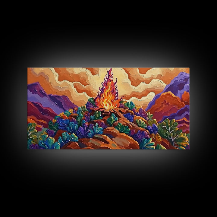 Campfire, Mountains, Glow, Vibrant campfire scene with colorful mountains and plants, Framed Canvas Print, rustic cabin wall art