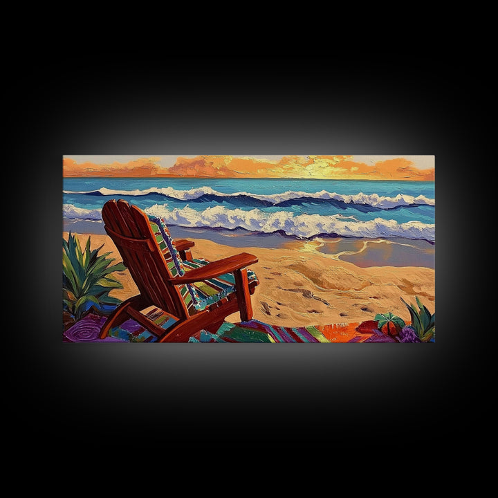 Chair Ocean, Sunset, Framed Canvas Print, Tranquil Beach Chair Painting, Relaxing Seaside Wall Decor, Zen Office Artwork