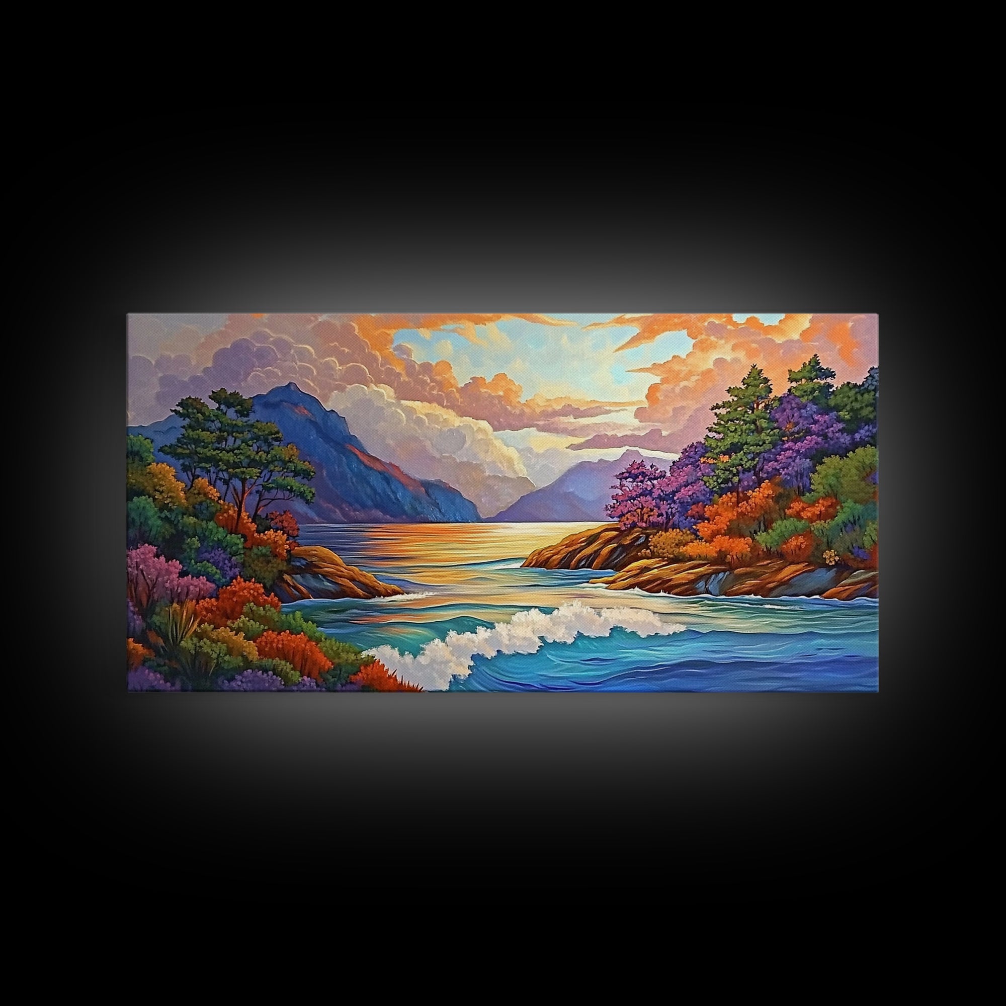 Ocean Sunset View, Vibrant Coastline, Mountain Landscape, Canvas Print, Living Room Wall Art, Colorful Seascape, Nature Painting