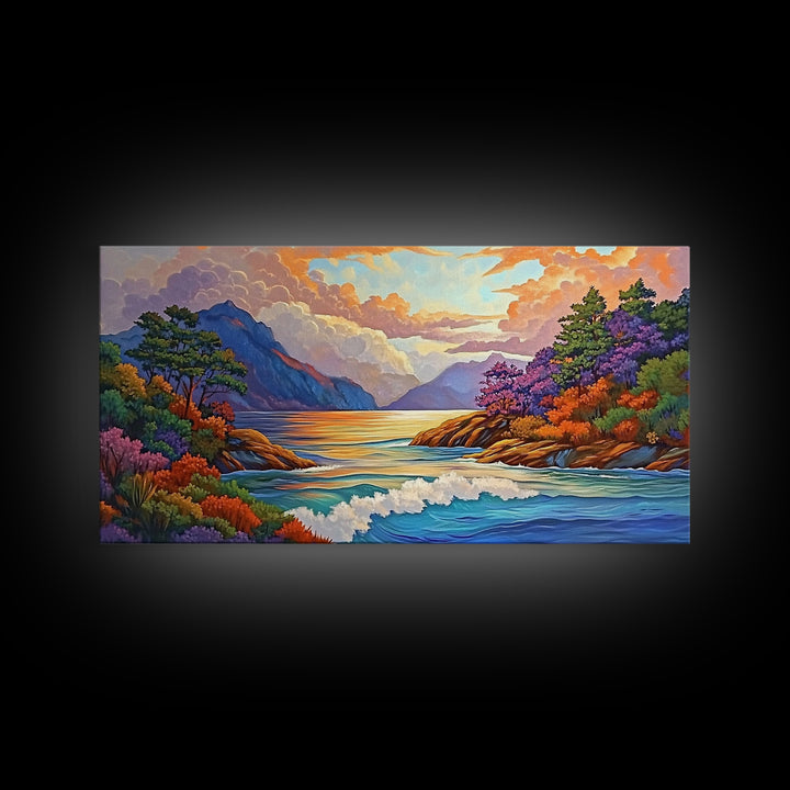 Ocean Sunset View, Vibrant Coastline, Mountain Landscape, Canvas Print, Living Room Wall Art, Colorful Seascape, Nature Painting