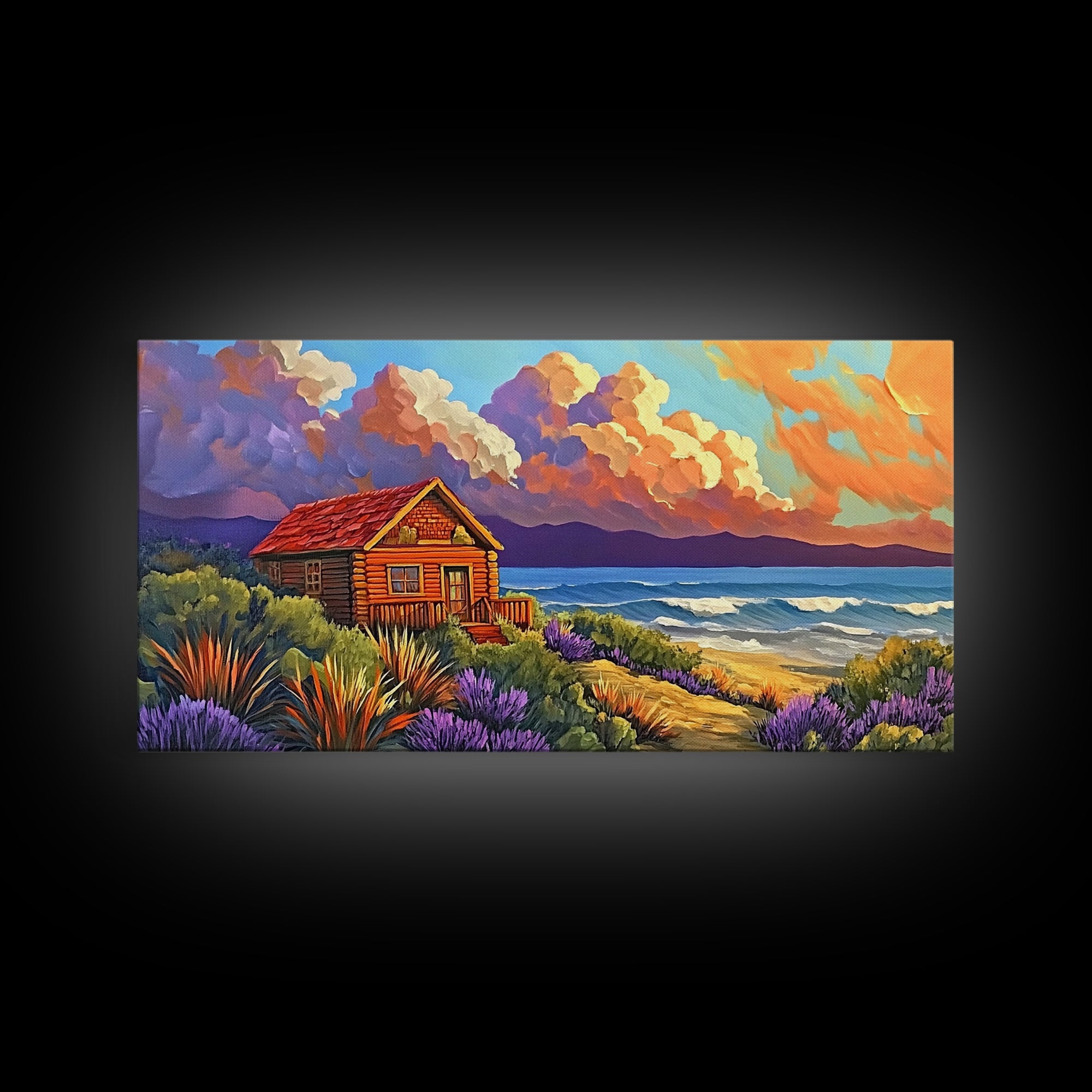 Cabin by Ocean, Colorful Beach Sunset, Cloudy Sky Art, Canvas Print, Autumn Wall Decor, Cozy Living Room Art, Rustic Coastal Scene
