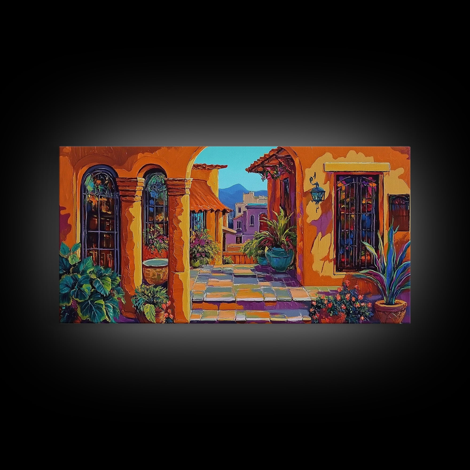 Spanish Courtyard, Colorful Villa Street, Southwest Patio Art, Framed Canvas Print, Mediterranean Home Decor, Rustic Wall Art