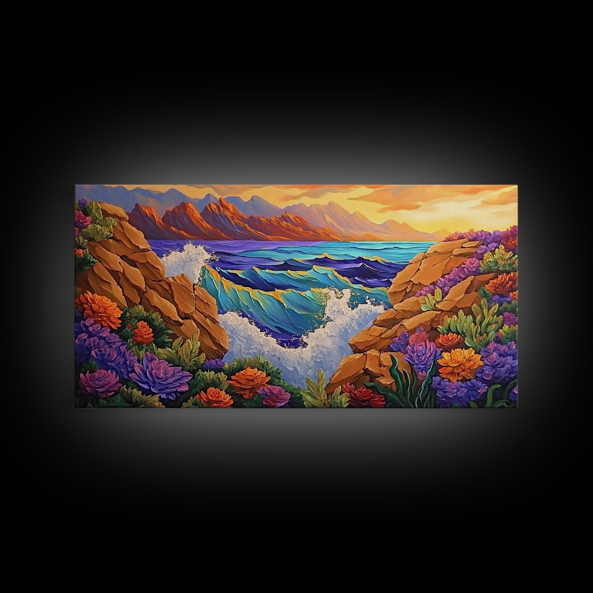Ocean Cliff View, Crashing Waves Sunset, Bold Coastal Art, Framed Canvas Print, Nature Inspired Decor, Vibrant Seascape Painting