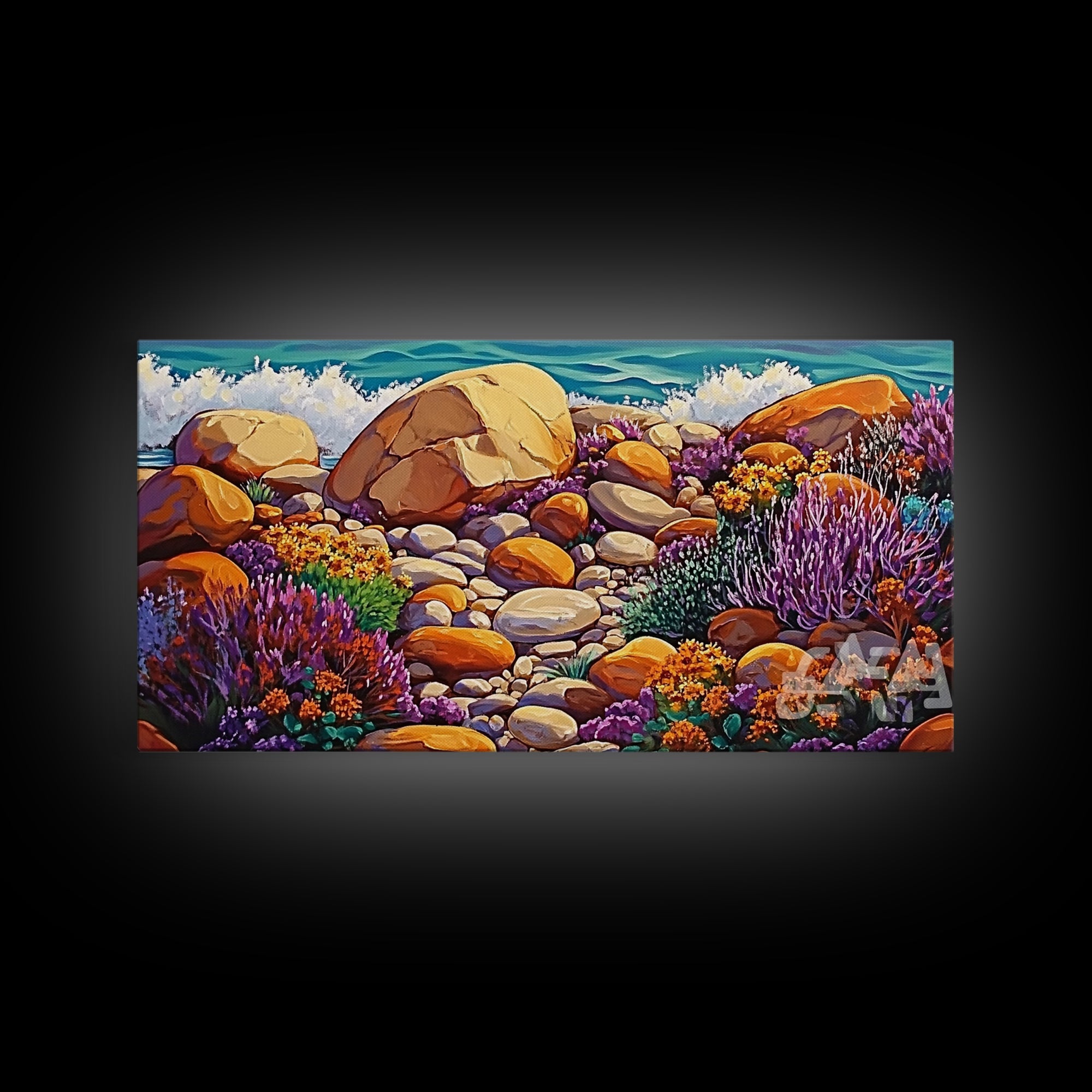 Coastal Garden, Rocks, Framed Canvas Print, Seaside nature landscape wall decor, Kitchen Wall Art, coastal art, vibrant summer vibe