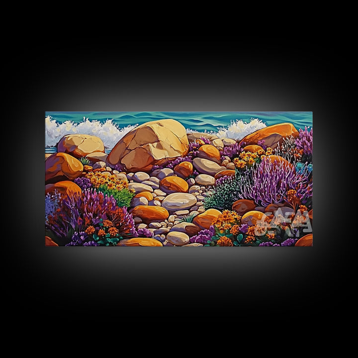 Coastal Garden, Rocks, Framed Canvas Print, Seaside nature landscape wall decor, Kitchen Wall Art, coastal art, vibrant summer vibe