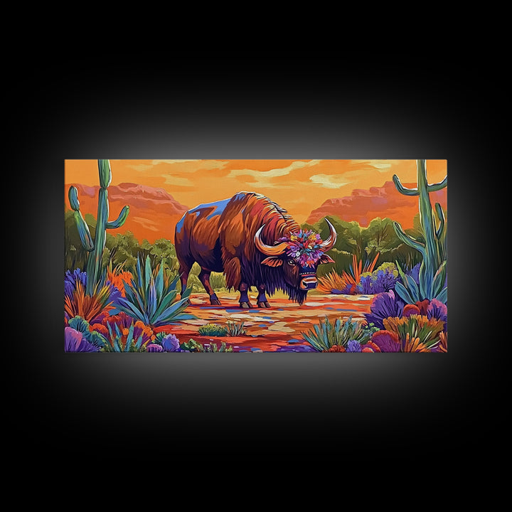 Buffalo Desert, Flowers, Canvas Print, Western buffalo art, colorful desert scene, ranch decor, Office Wall Art, Autumn Wall Art