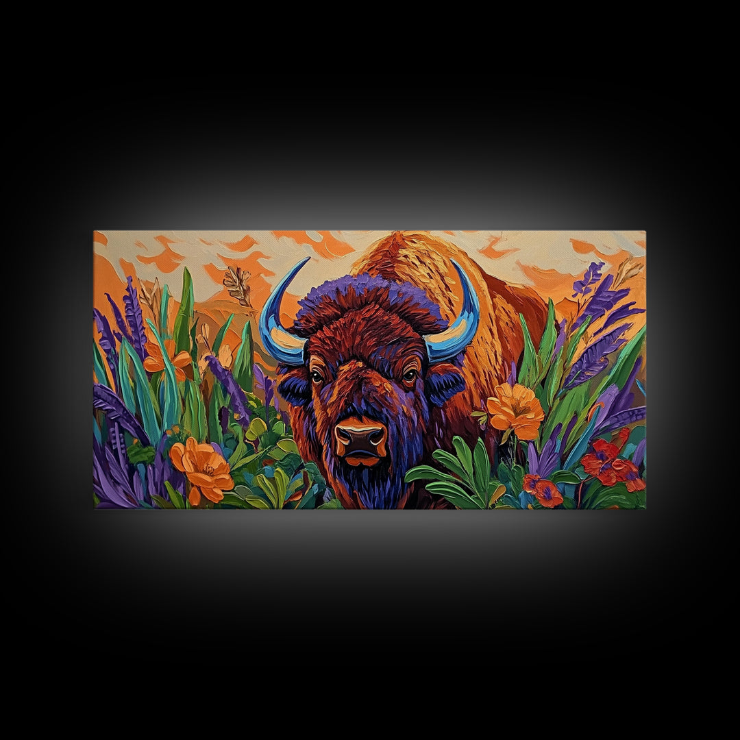 Buffalo Flowers, Bold, Canvas Print, Western bison face art, eclectic boho style, Living Room Wall Art, vibrant wildlife painting
