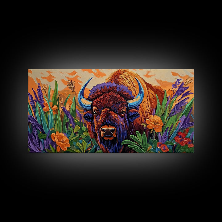 Buffalo Flowers, Bold, Canvas Print, Western bison face art, eclectic boho style, Living Room Wall Art, vibrant wildlife painting