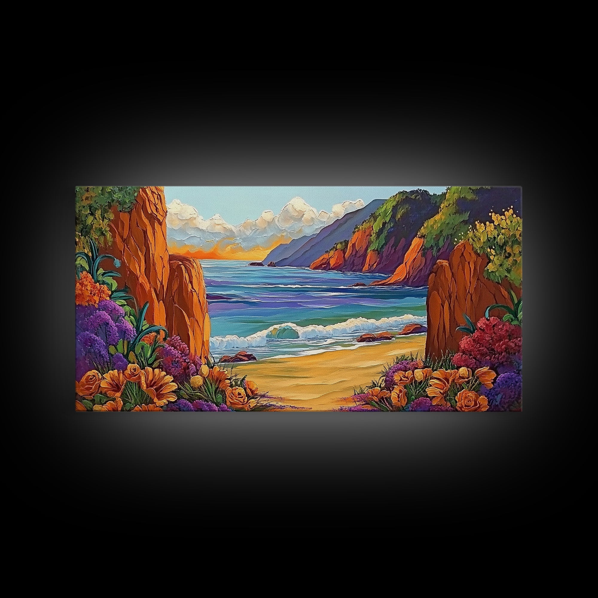 Ocean Cliffside, Flowers, Canvas Print, Colorful beachscape painting, Bathroom Wall Art, vibrant coastal decor,beach flower wall art
