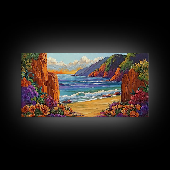 Ocean Cliffside, Flowers, Canvas Print, Colorful beachscape painting, Bathroom Wall Art, vibrant coastal decor,beach flower wall art